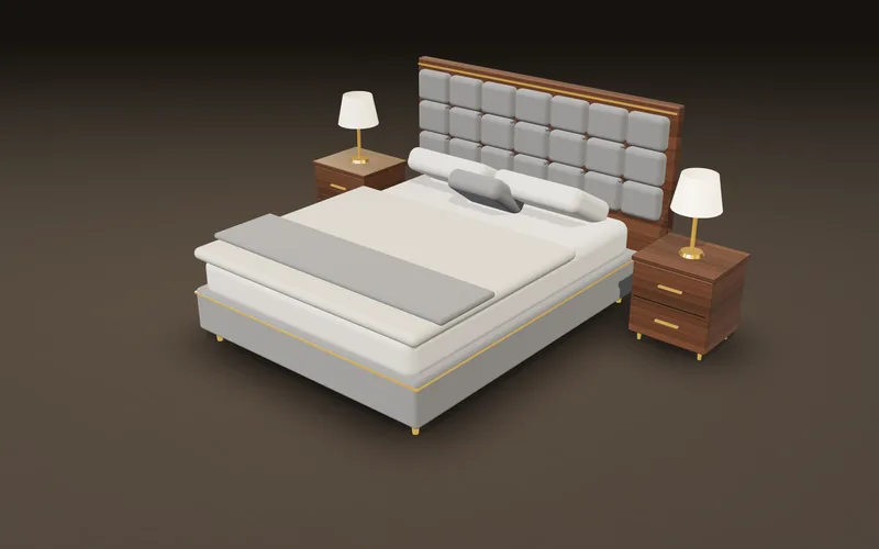 3D design of a double bed with grey tufted headboard, walnut frame, gold trim and side tables